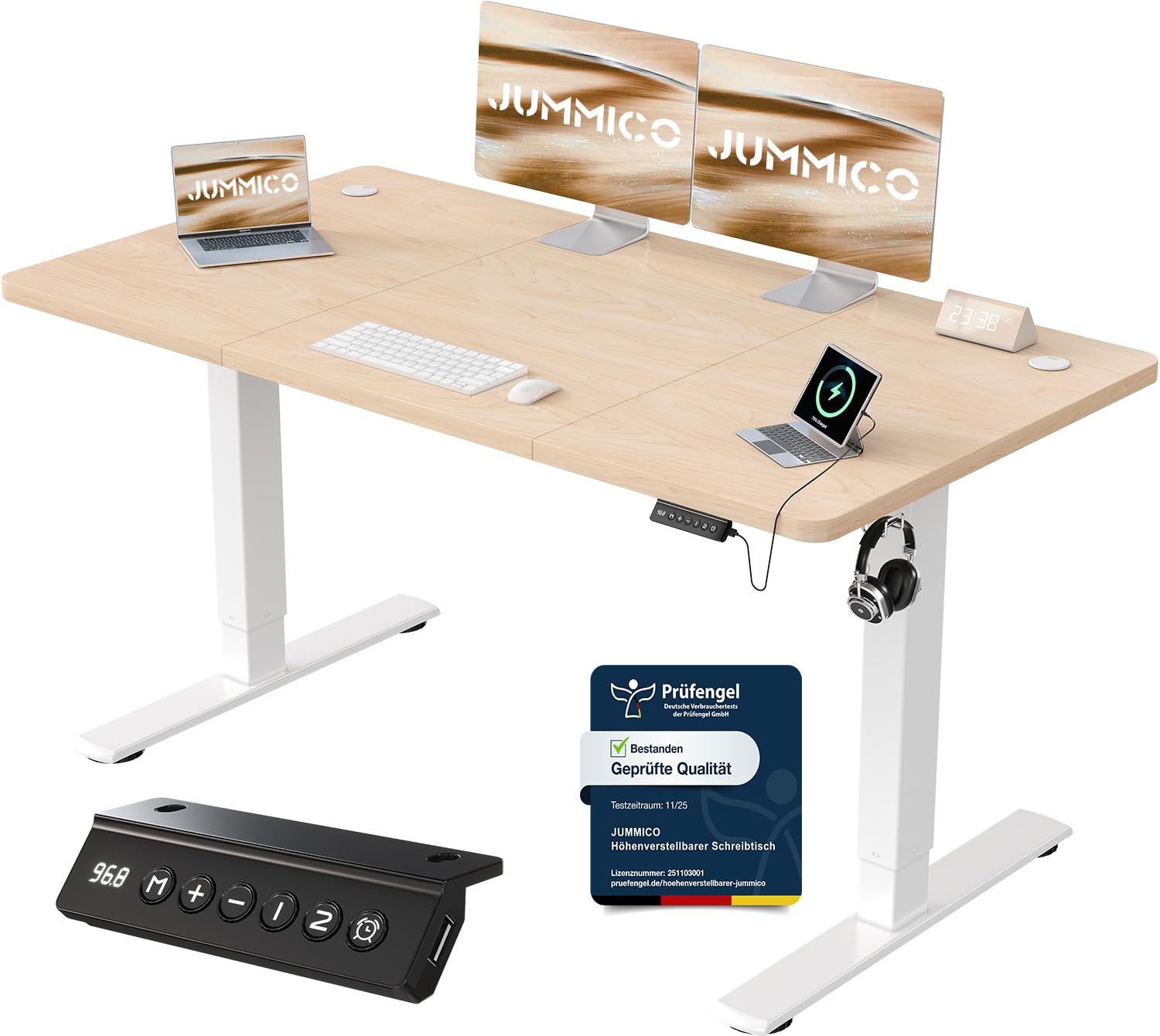 JUMMICO Birou reglabil pe înălțime cu port de încărcare USB, birou reglabil electric pe înălțime 140 x 60 cm, masă stand-sit, birou standing, masă de calculator reglabilă, birou standing, bej - 0403