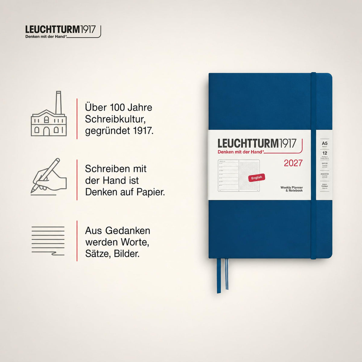 LEUCHTTURM1917 calendar săptămânal 2027 punctat mediu (A5) cu caiet, punctat - planificator de întâlniri engleză, indigo, hardcover, 145 x 210 mm, ianuarie-decembrie 2027, prezentare săptămânală în stânga + pagina de note în dreapta - 400263