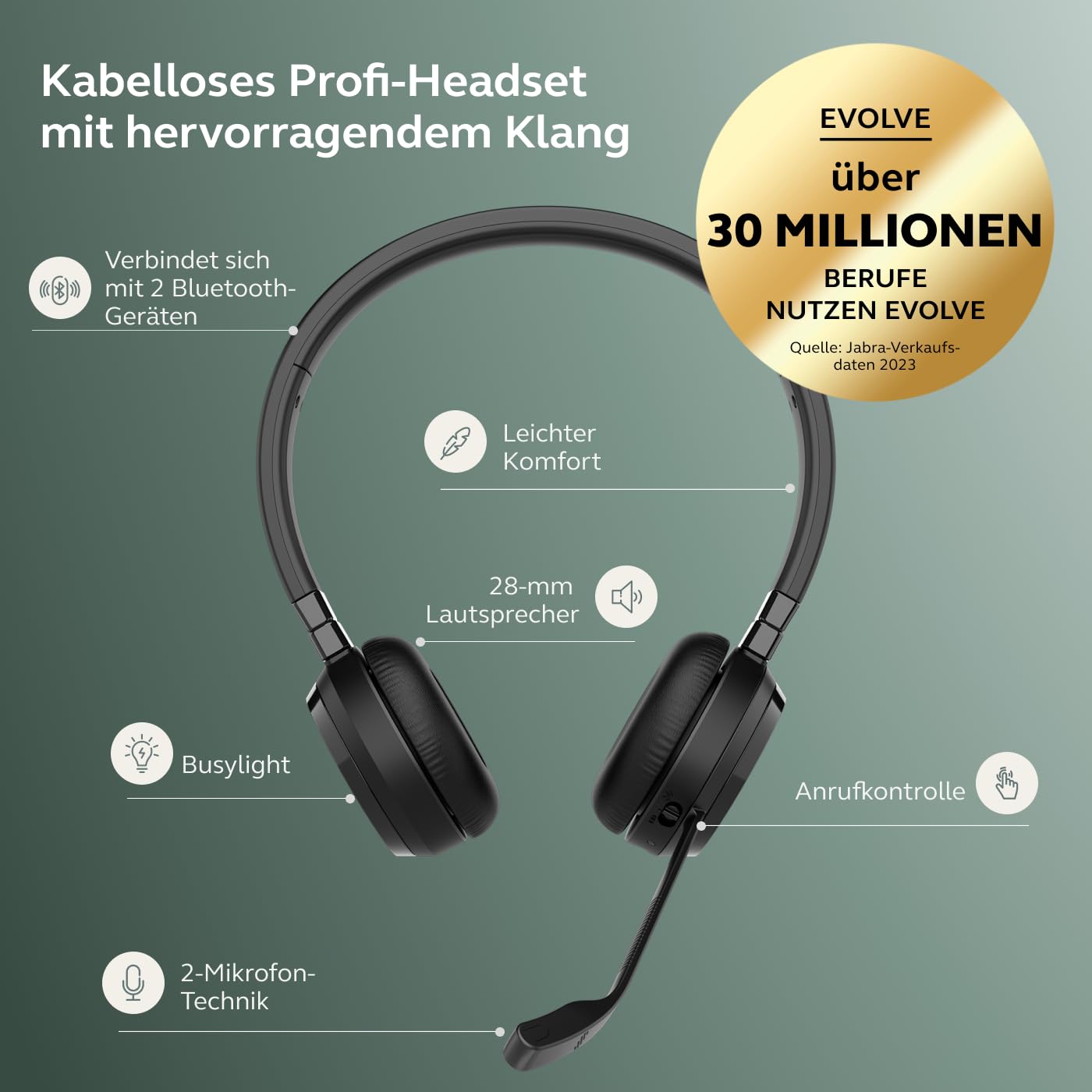 Jabra Evolve 65 TE (3rd Edition 2025) Wireless Bluetooth Stereo Headset with Noise Canceling Microphone, Connects 2 Devices, 16h Battery Life, USB-A Adapter, MS Teams Certified, Black - 6699-833-309