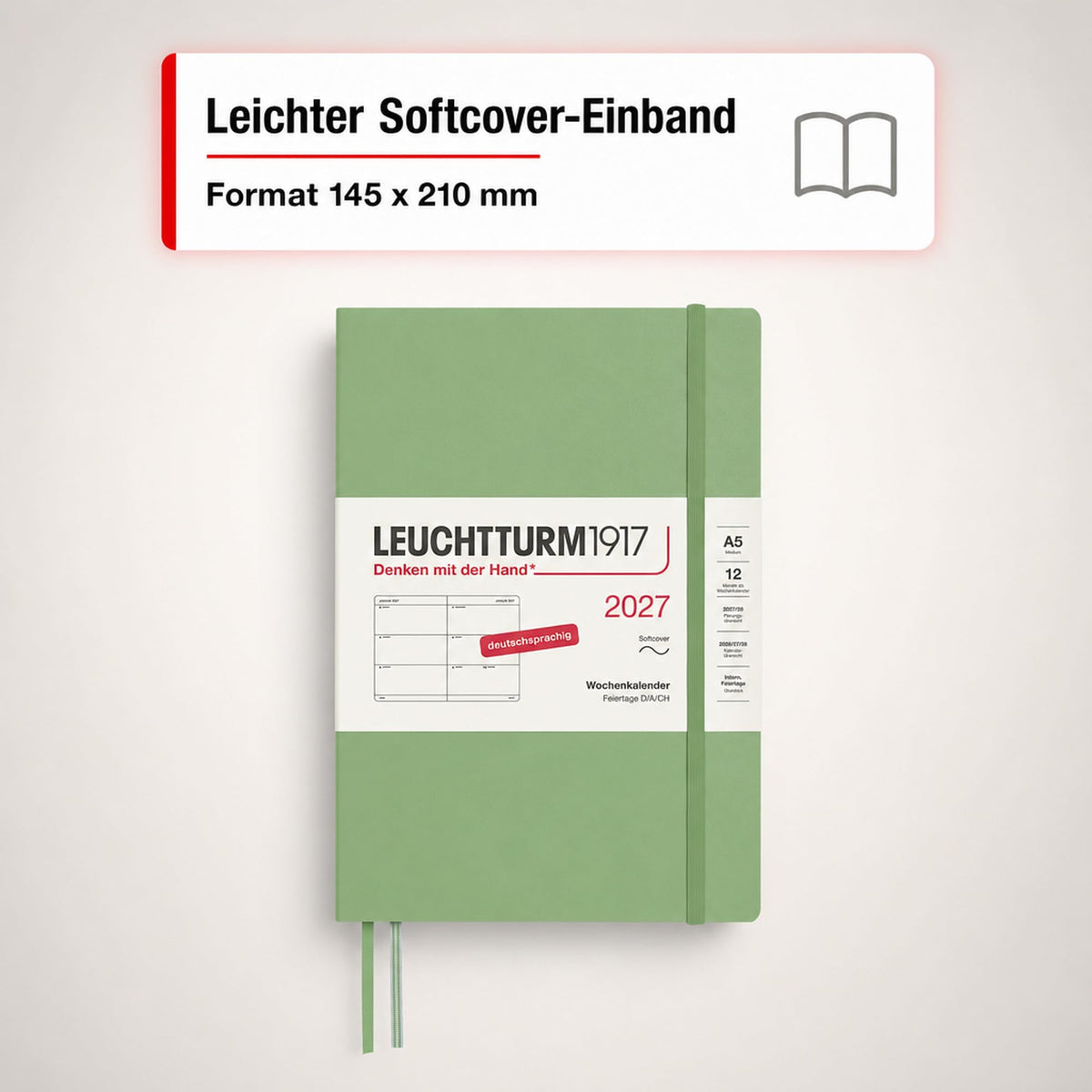 LEUCHTTURM1917 Calendar săptămânal 2027 mediu (A5) - germană, salvie, copertă moale, 145 x 210 mm, 12 luni - ianuarie-decembrie 2027, 1 săptămână pe pagină dublă, hârtie de 80 g/m² cu compatibilitate ridicată cu cerneală - 400130