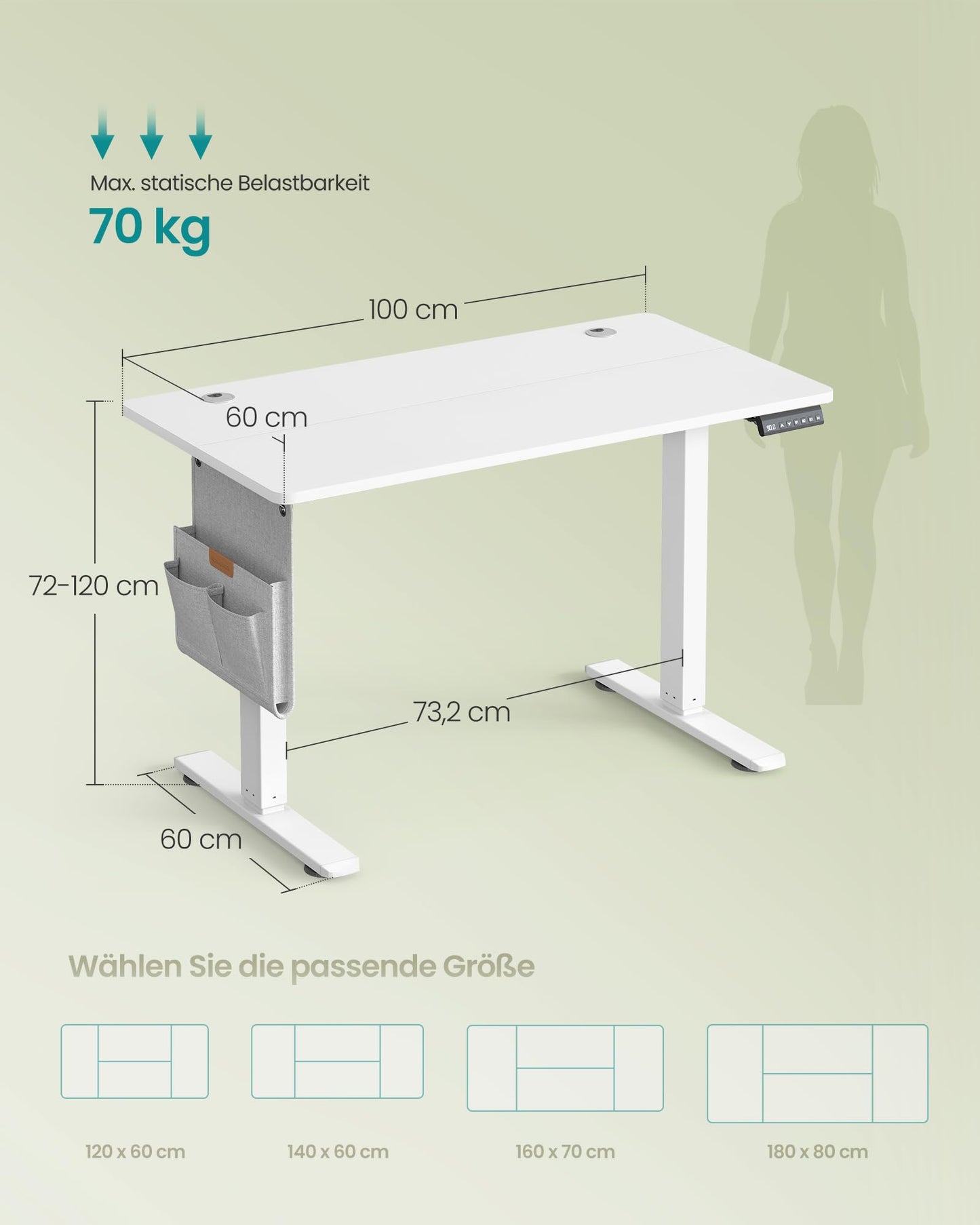 SONGMICS Electric height-adjustable desk, 100 x 60 cm, memory function with 4 heights, USB-C port, cloud white LSD130WZ01