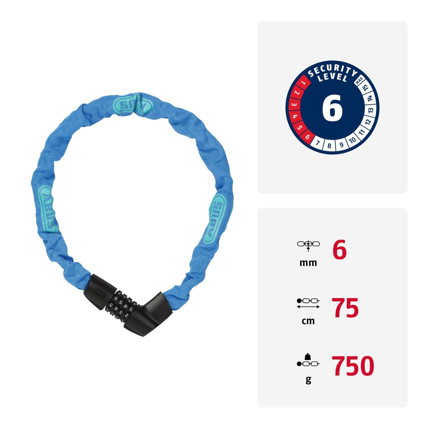 ABUS chain lock Tresor 1385/75 Neon - combination lock made of hardened steel - 6 mm thick square chain - ABUS security level 6 - 75 cm - blue - 71262