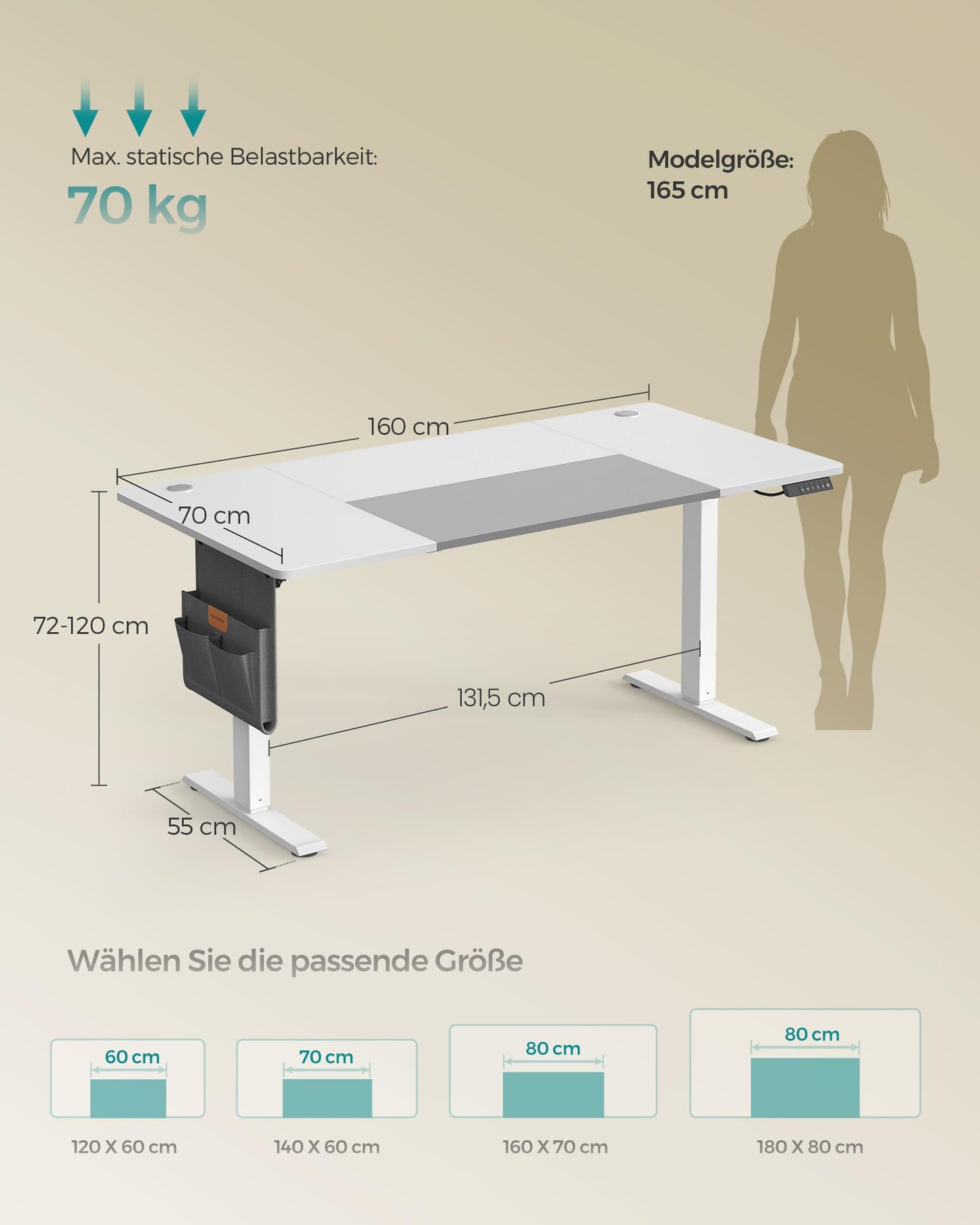 SONGMICS Electric height-adjustable desk, 160 x 70 cm, continuously adjustable, memory function with 4 heights, cloud white-dove gray LSD026W02