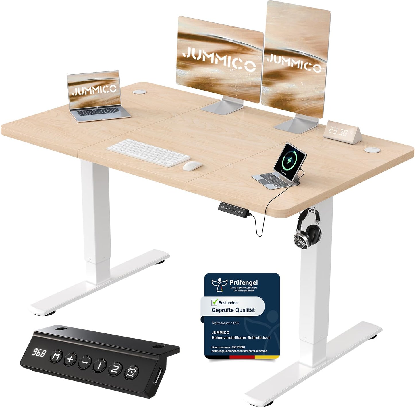 JUMMICO Birou reglabil pe înălțime cu port de încărcare USB, birou reglabil electric pe înălțime 120 x 60 cm, masă stand-sit, birou standing, masă reglabilă pentru computer, birou standing, bej - 0403