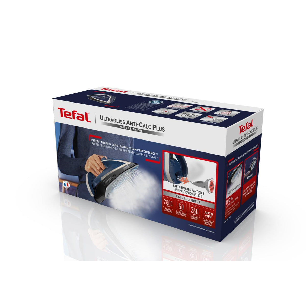 Tefal Ultragliss Plus Anti-Calc Steam Iron, 2800 Watts, removable calc collector, 50 g/min steam output, 260 g/min steam boost, automatic shut-off, Made in France, blue/white, FV6846 - FV6846E1