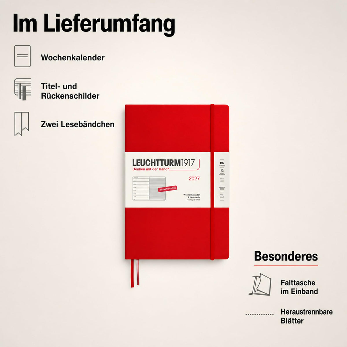 LEUCHTTURM1917 Calendar săptămânal 2027 Compoziție (B5) cu caiet - Planificator de întâlniri german, Cireș, ianuarie-decembrie 2027, Prezentare generală săptămânală în stânga + Pagina de note în dreapta - 400040