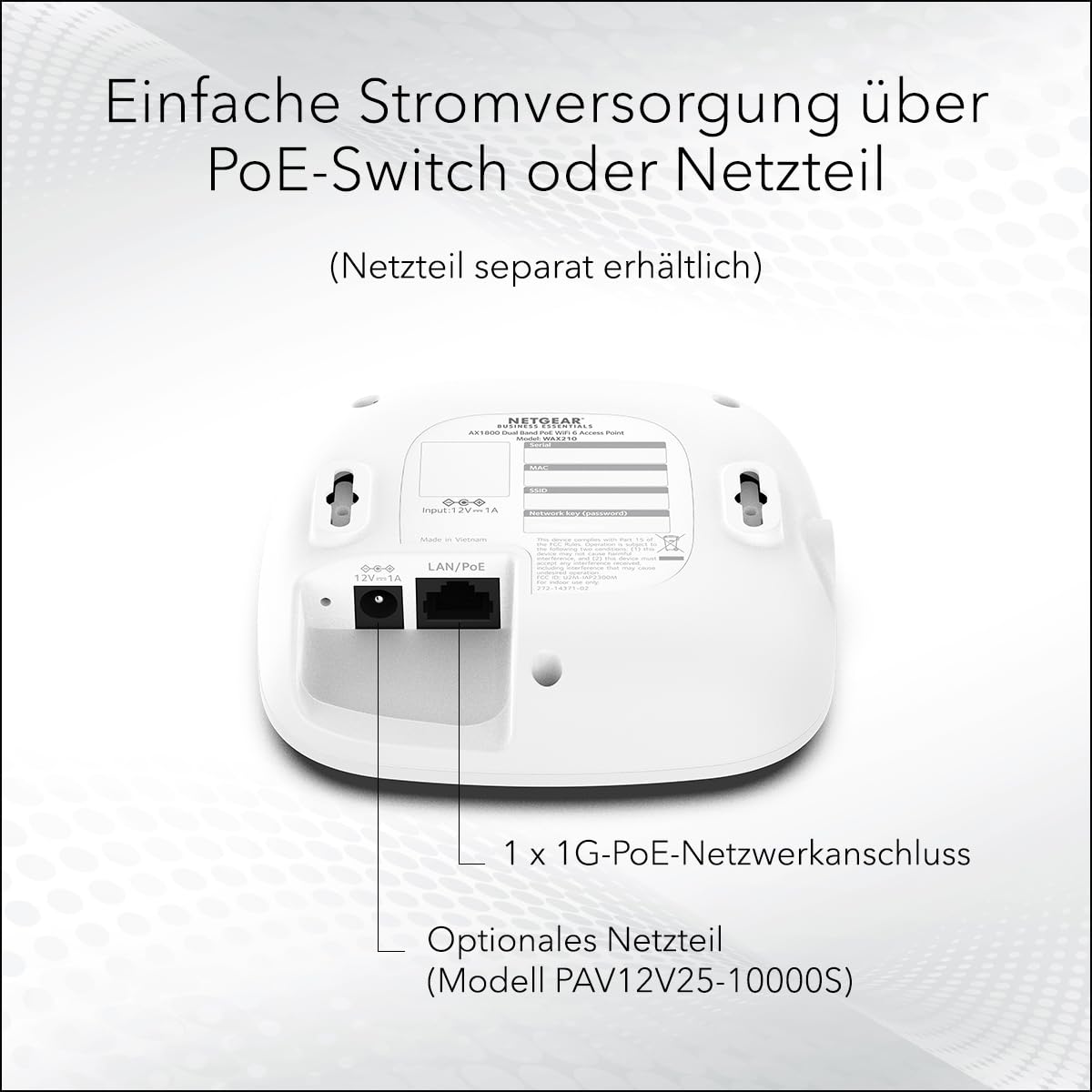 NETGEAR Wireless Access Point (WAX210) – WiFi 6 Dualband with AX1800 speed | 1G PoE network port | Supports up to 128 devices | 802.11ax | WPA3 | Up to 4 SSID networks, power supply not included - WAX210-100EUS