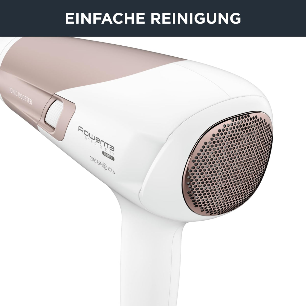 Rowenta Studio Dry Glow Hair Dryer, 2100 Watts, Hairdryer with Diffuser for Curls, 3 Temperature and 2 Speed Settings, Ion Function, Cool Air Button, White/Rose Gold, CV5830