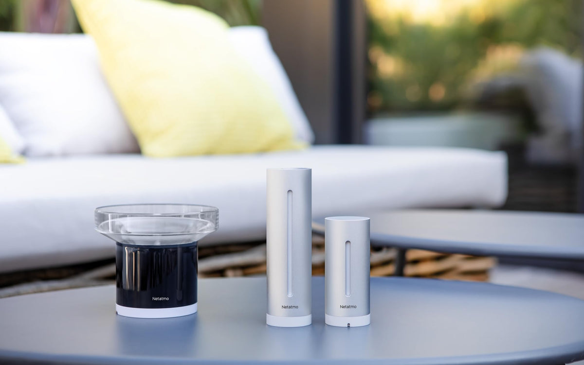 Netatmo Pachet cu stație meteorologică pentru interior și exterior, cu senzor exterior wireless și pluviómetru inteligent, umiditate, calitate a aerului, nivel de zgomot în interior, presiune atmosferică, NBU-NWS-NRG-EU