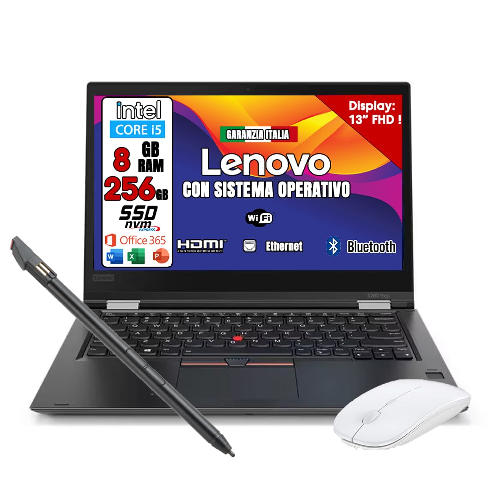 Lenovo, Notebook Intel Core i5, Notebook with Touch Screen Display, HD 14 inches, RAM 8 GB, SSD 512 GB, Win 11 Pro, Office 2021 Package, Italian Warranty (refurbished) Mouse + 32 GB Pendrive - v15