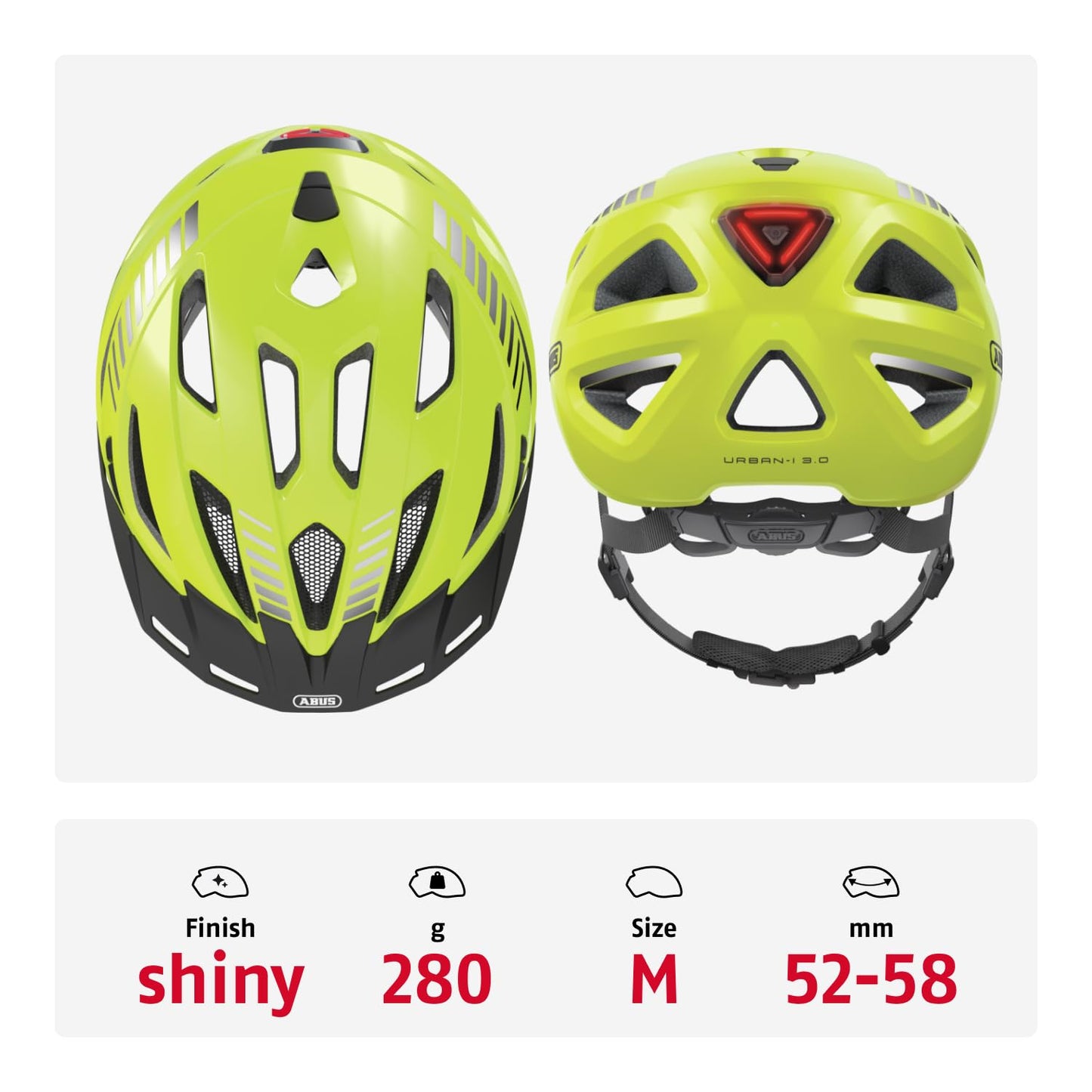 ABUS city helmet Urban-I 3.0 - bicycle helmet with rear light, peak and magnetic fastener - for men and women - yellow (signal yellow), size M - 86867