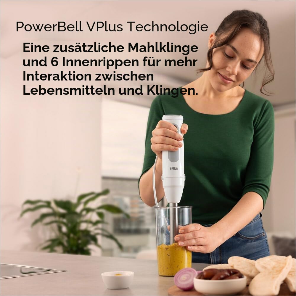 Braun hand blender MultiQuick 5 MQ 50001 M, 1000W, 21 speed levels + turbo, stainless steel puree foot, Easy Click System, SplashControl, incl. 600ml cup, white - MQ50001M