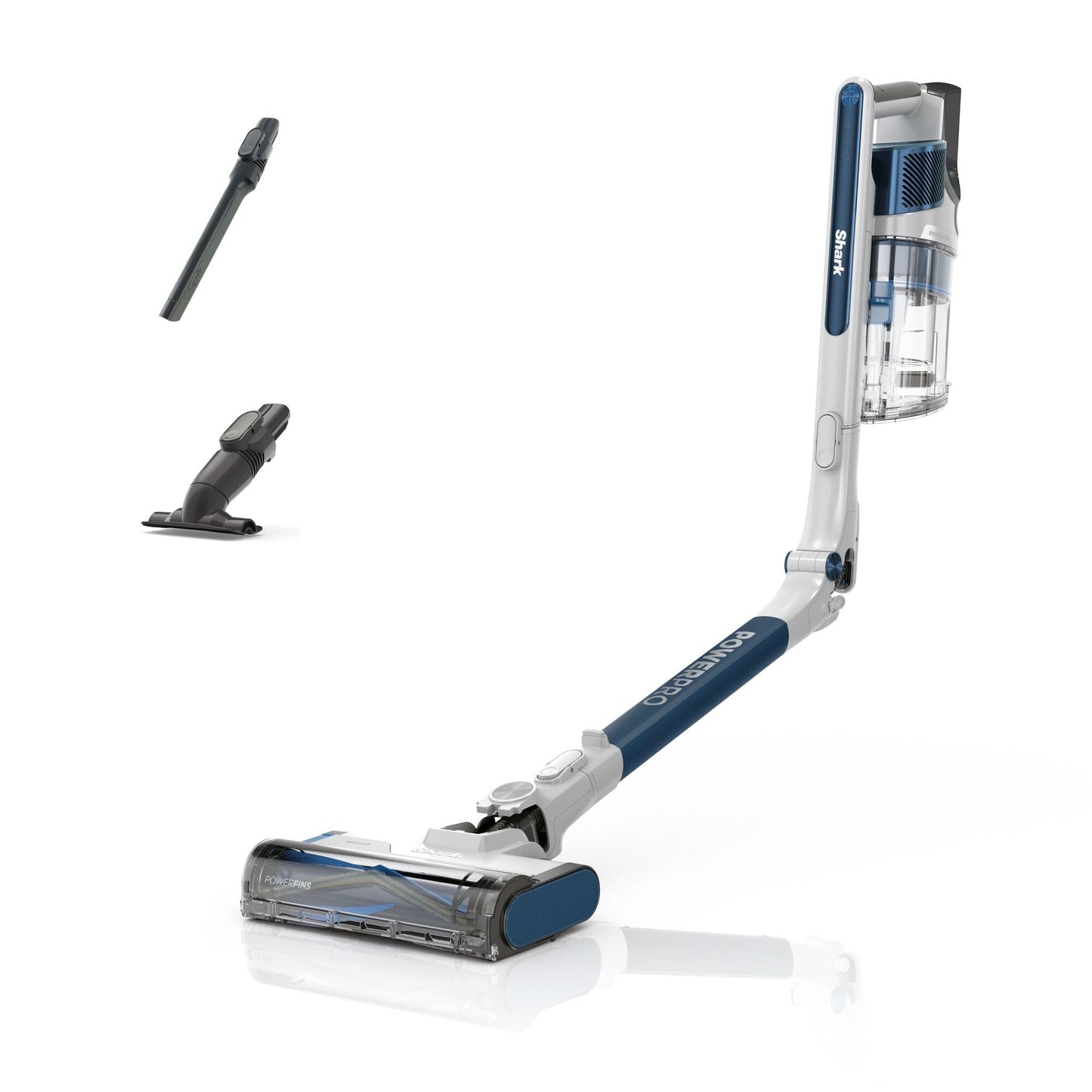 Shark PowerPro cordless vacuum cleaner, free-standing, up to 50 minutes running time, cordless, bagless, for pet hair, allergy sufferers, carpets and hard floors, with LED light and articulated tube, navy blue, IZ380EU
