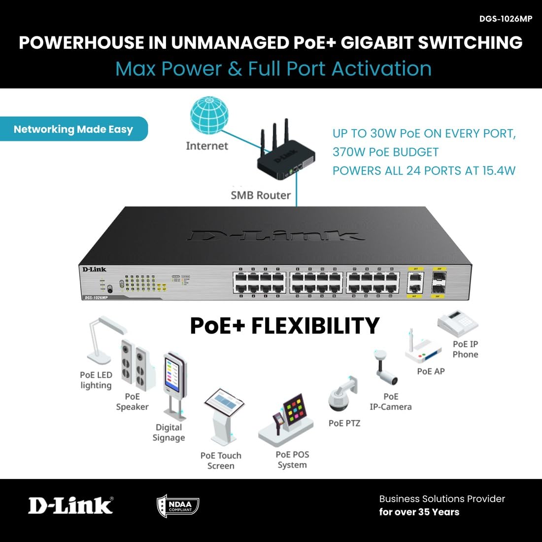 D-Link DGS-1026MP Layer2 PoE+ Gigabit Switch (26 ports, including 24 x 10/100/1000 Mbit/s PoE ports and 2 Gigabit Combo Uplink ports)