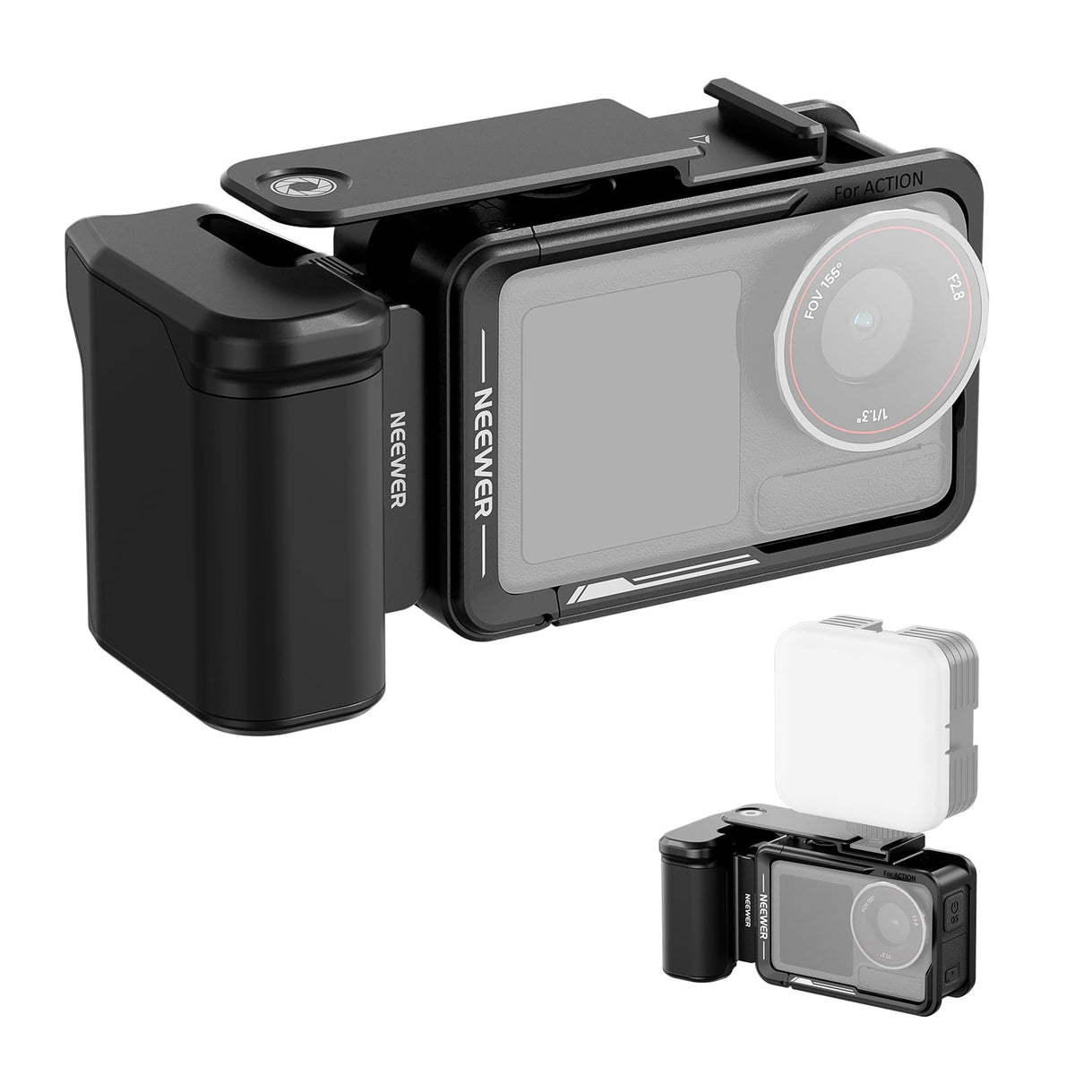 NEEWER cage and side handle accessory set, cage compatible with DJI Osmo Action 5 Pro 4 3, magnetic adapter holder for protection metal video rig, cold shoe shutter extender bar, black AC014+AC034 - 10107051