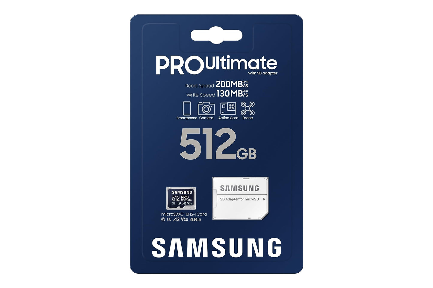 Samsung PRO Ultimate microSD card + SD adapter, 512 GB, for smartphones, drones and action cameras, UHS-I U3, 200 MB/s read, 130 MB/s write, MB-MY512SA/WW