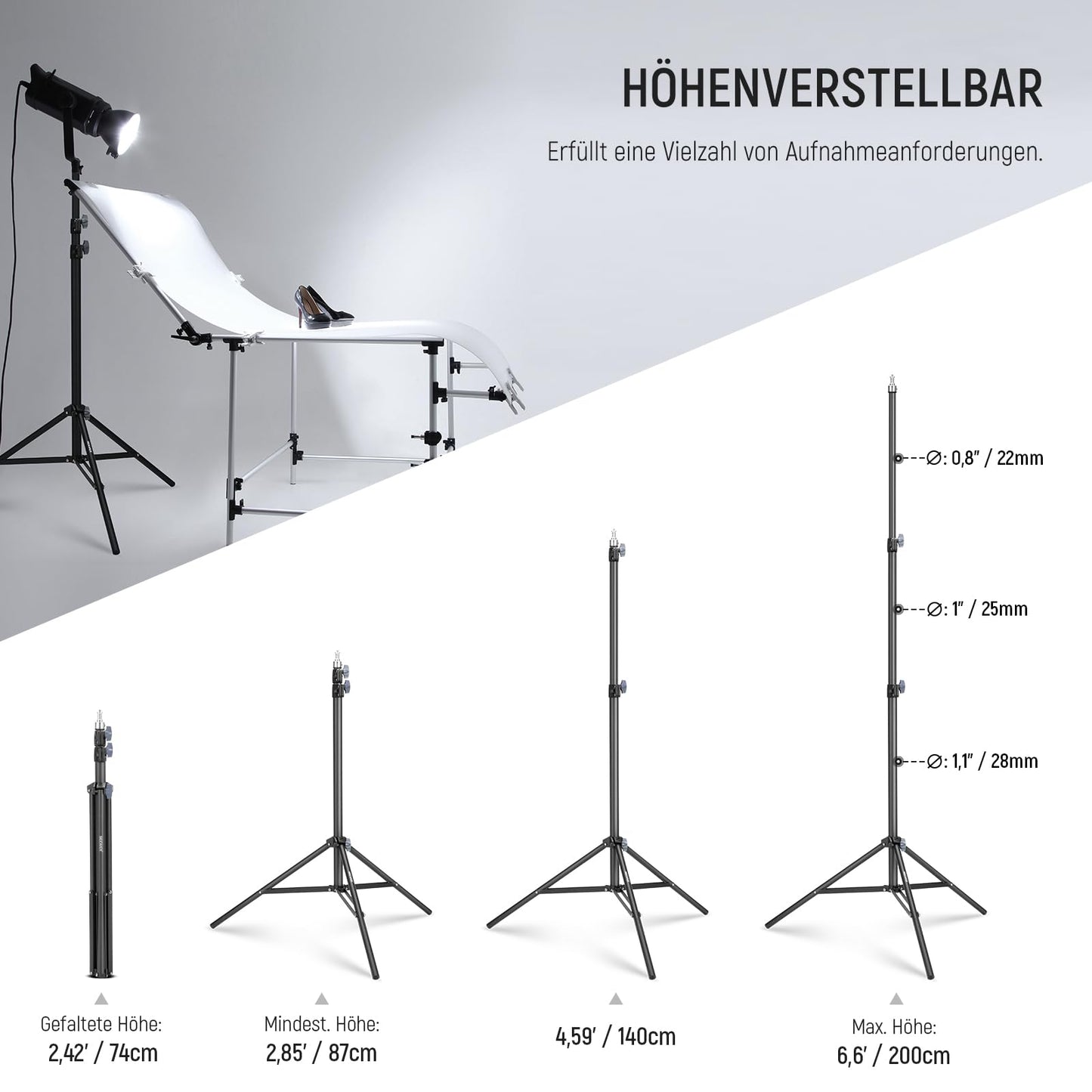 NEEWER Photography Light Stand 87-200cm, Spring-Loaded Lighting Stand with ø28mm Thick Tube Diameter, Lamp Stand for Ring Light/LED/Strobe/Softbox, Max. Load 22lbs, ST-200 Black