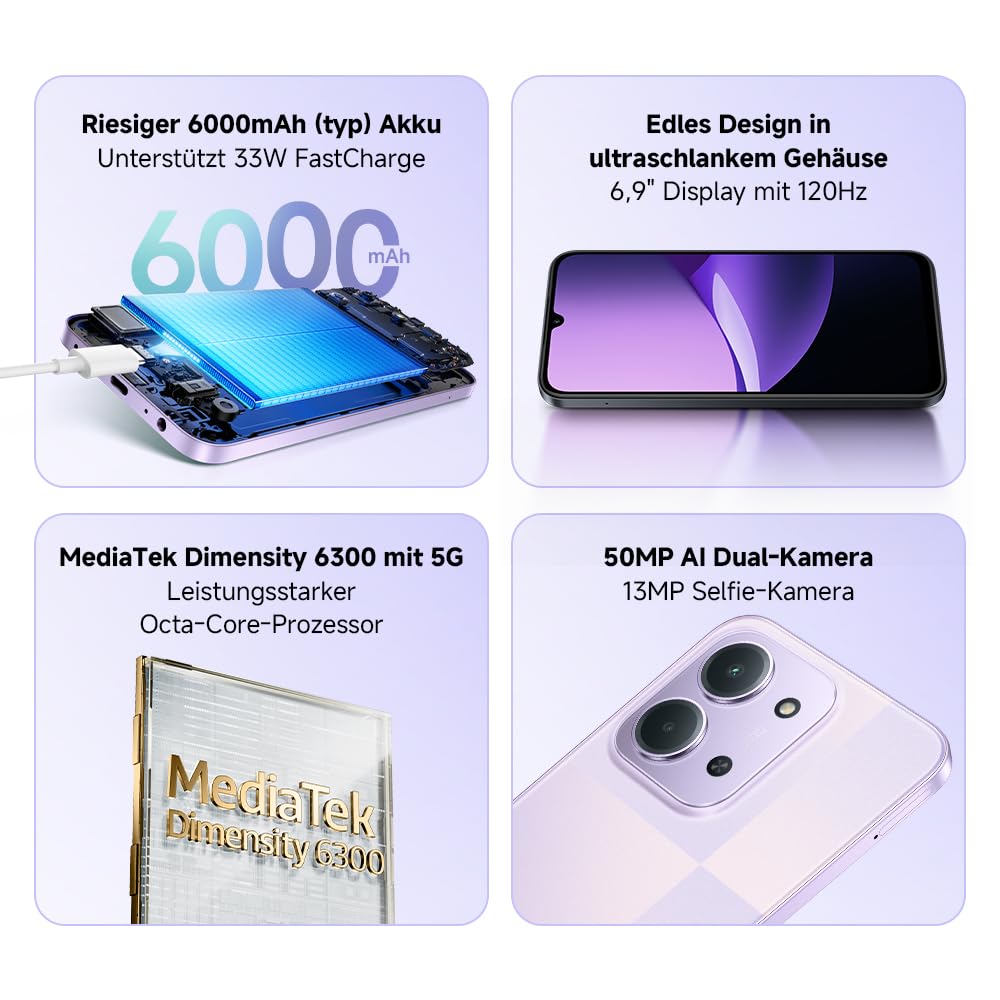 XIAOMI Redmi 15C 5G Smartphone 4+256GB, Unlocked, Mobile Phone with Android, 6.9" 120Hz Display, MediaTek Dimensity 6300 Processor 6nm Octa-Core, 50MP AI Dual Camera, 6000mAh, Twilight Purple - MZB0M9NEU