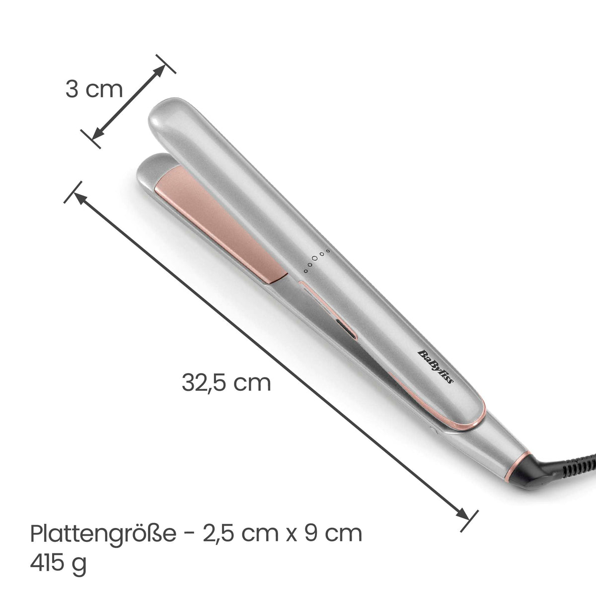 BaByliss Cosmos Straightener – Ceramic Glide Technology, 3 Temperature Settings 180–235°C, Worldwide Use, Silver, ST260E