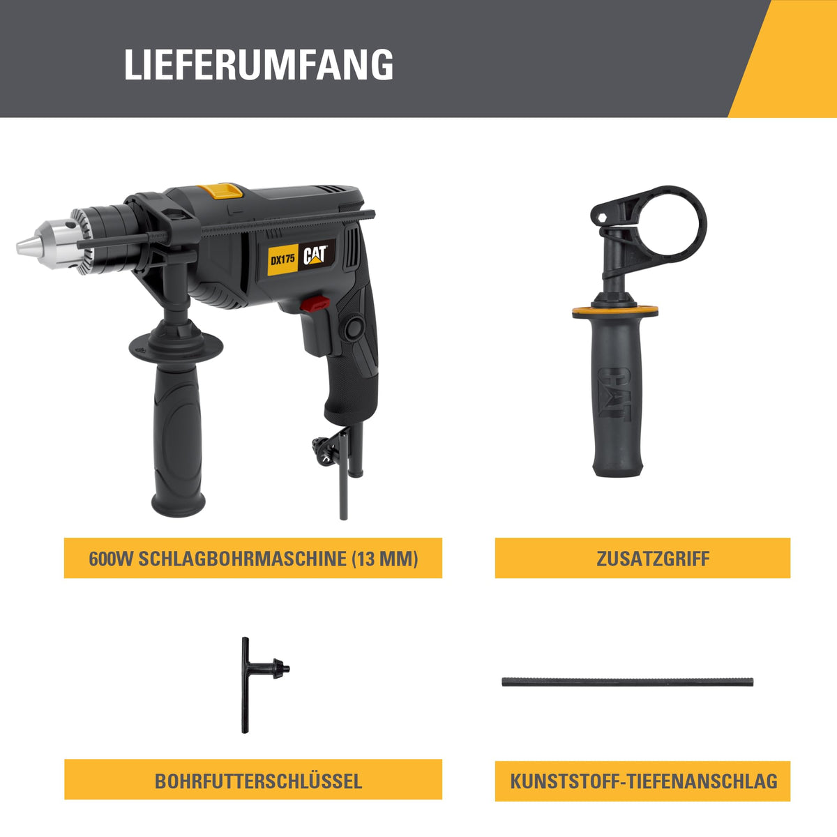 CAT DX175 Hammer Drill, 13 mm, 600W, 3000 RPM speed, 48,000 BPM impact rate, variable speed control, (includes depth stop, additional handle, and chuck key)