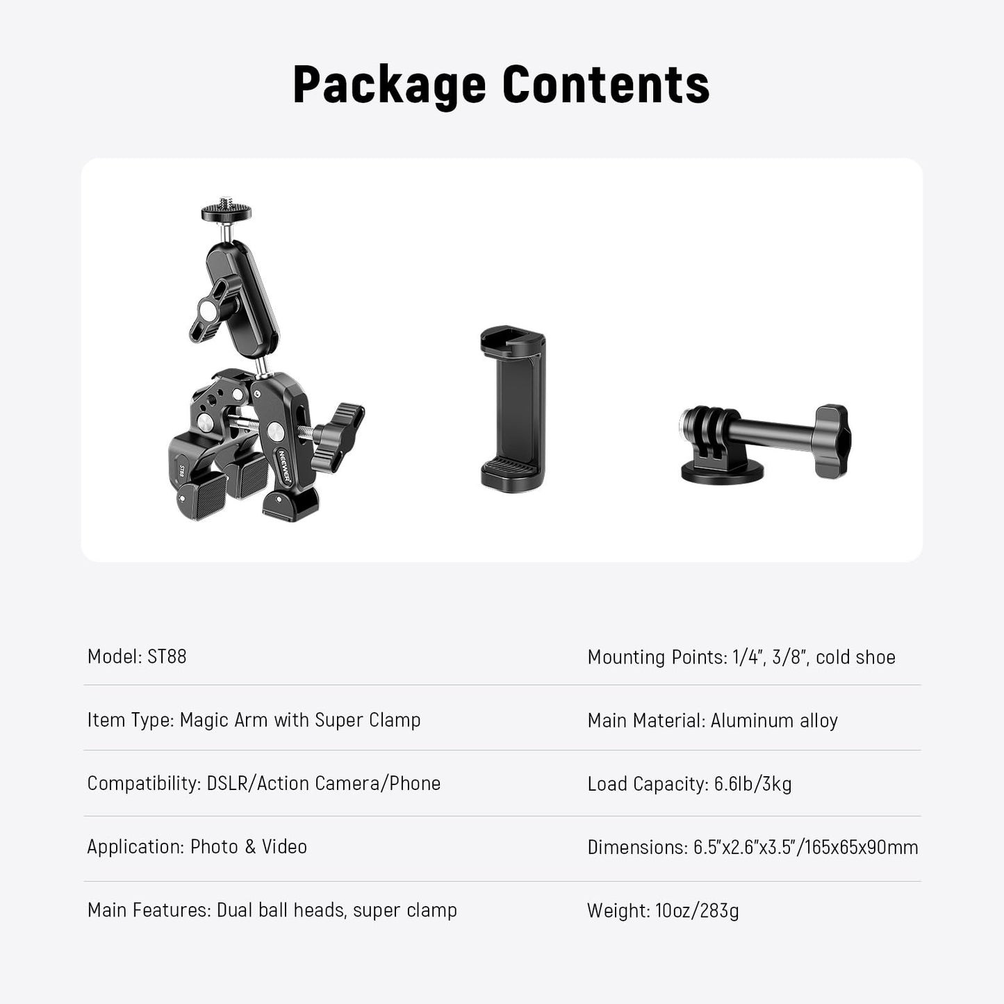 NEEWER Super Clamp with 3" Dual Ball Head Magic Arm, Camera Mobile Phone Holder with 1/4" 3/8" Thread Cold Shoe Mobile Phone Holder, Action Camera Adapter Compatible with GoPro DJI iPhone 16 15 Pro Max ST88 - 10105338