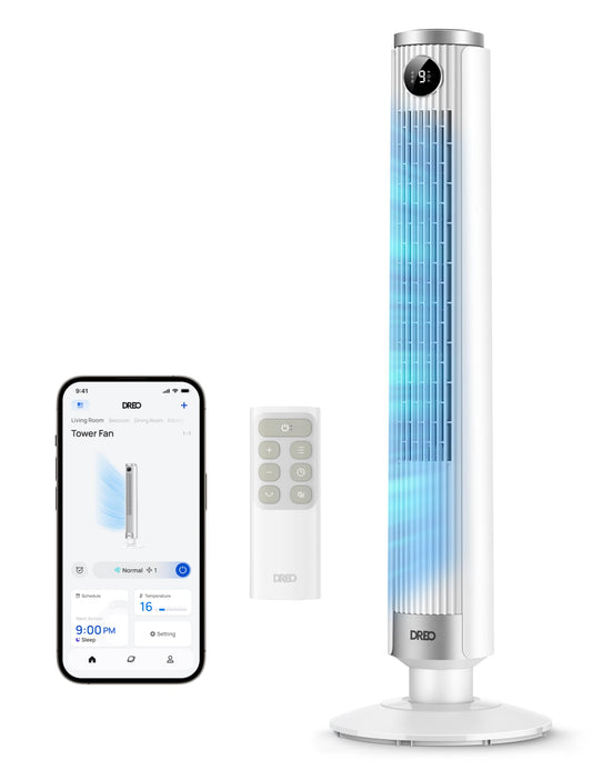 Ventilator turn DREO Smart 102-114cm pentru dormitor, reglabil pe înălțime, 8,4m/s, motor DC, 9 niveluri, 4 moduri, oscilație 90°, ventilator pe piedestal, silențios 20dB, temporizator 12H pentru casă și birou, Google/Alexa - DR-HTF024S