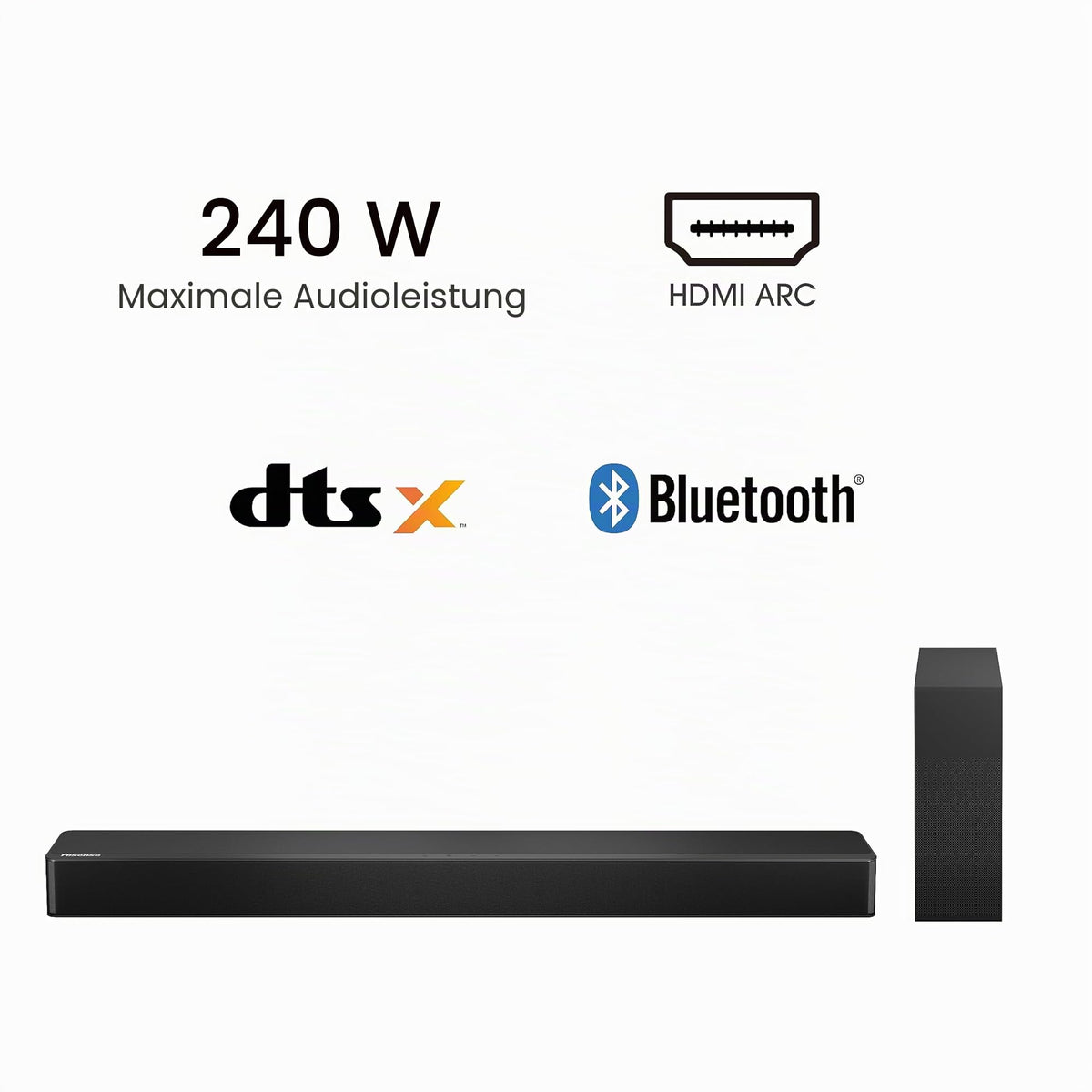 HS2100, 2.1 Channel Soundbar, 240W max Audio Power, Dolby Audio, DTS Virtual:X, Ultra-Slim Wireless Subwoofer, TV Mode, EzPlay - Hisense