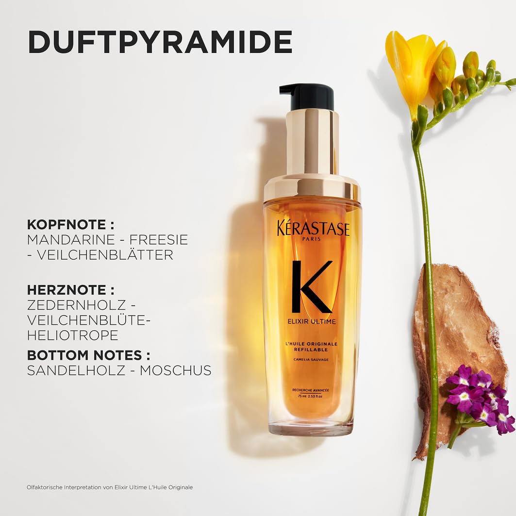 Kérastase Huile Originale Elixir Ultime, hair oil for dry hair, nourishing and protective for more shine without weighing it down, heat protection and anti-frizz, refill pack, 75 ml - E4167000