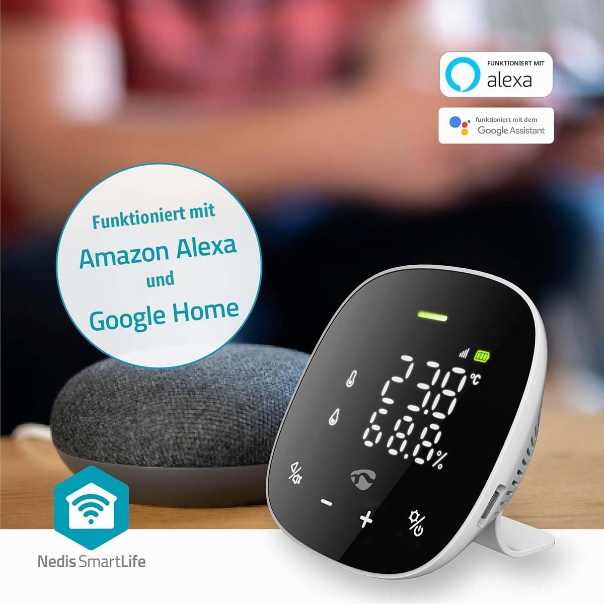 SmartLife Monitor de calitate a aerului - Wi-Fi - inclusiv display - Dioxid de carbon (CO2) / Umiditate / Temperatură - Android/iOS - Negru/Alb - WIFISA20CBK