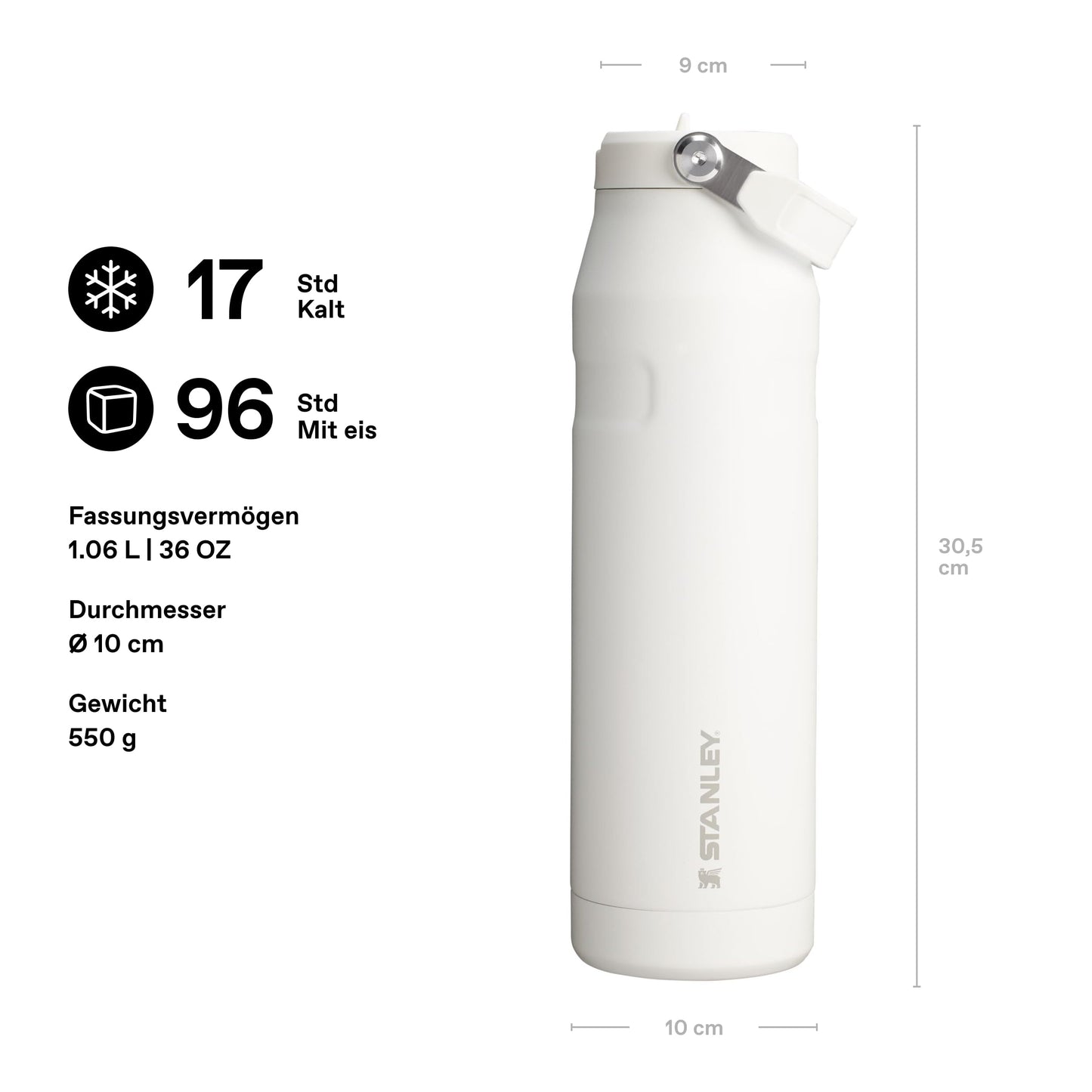 Stanley 1913 Flip Straw Drinking Bottle with Straw 1.06L - Thermal Mug Cools for 17 Hours - 4 Days Ice Cold - BPA Free - Leakproof - For Drink Holders - Dishwasher Safe - Frost - 100000108035