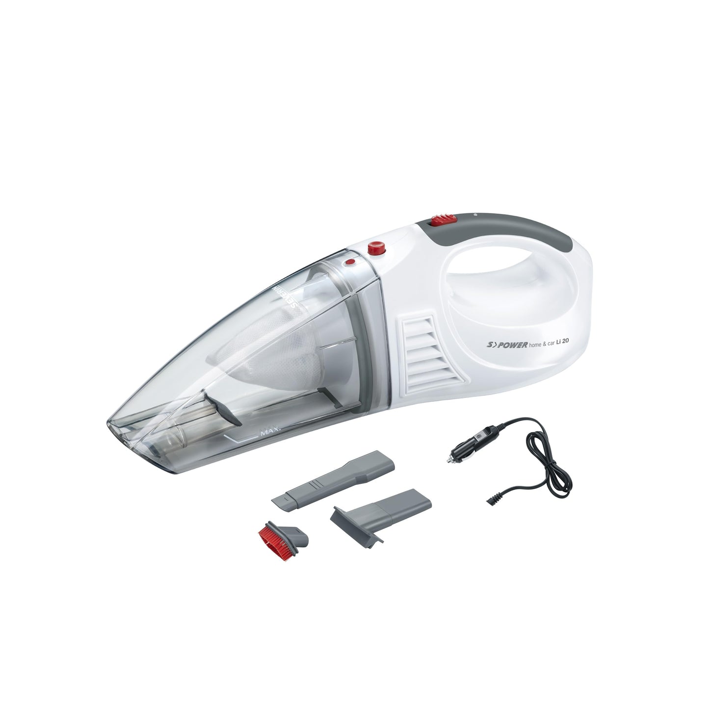 SEVERIN 3-in-1 cordless handheld vacuum cleaner S'POWER home & car, wireless wet & dry vacuum cleaner with 7.4V Li-ion battery, car vacuum cleaner including 12V charging cable, white/red, HV 7144