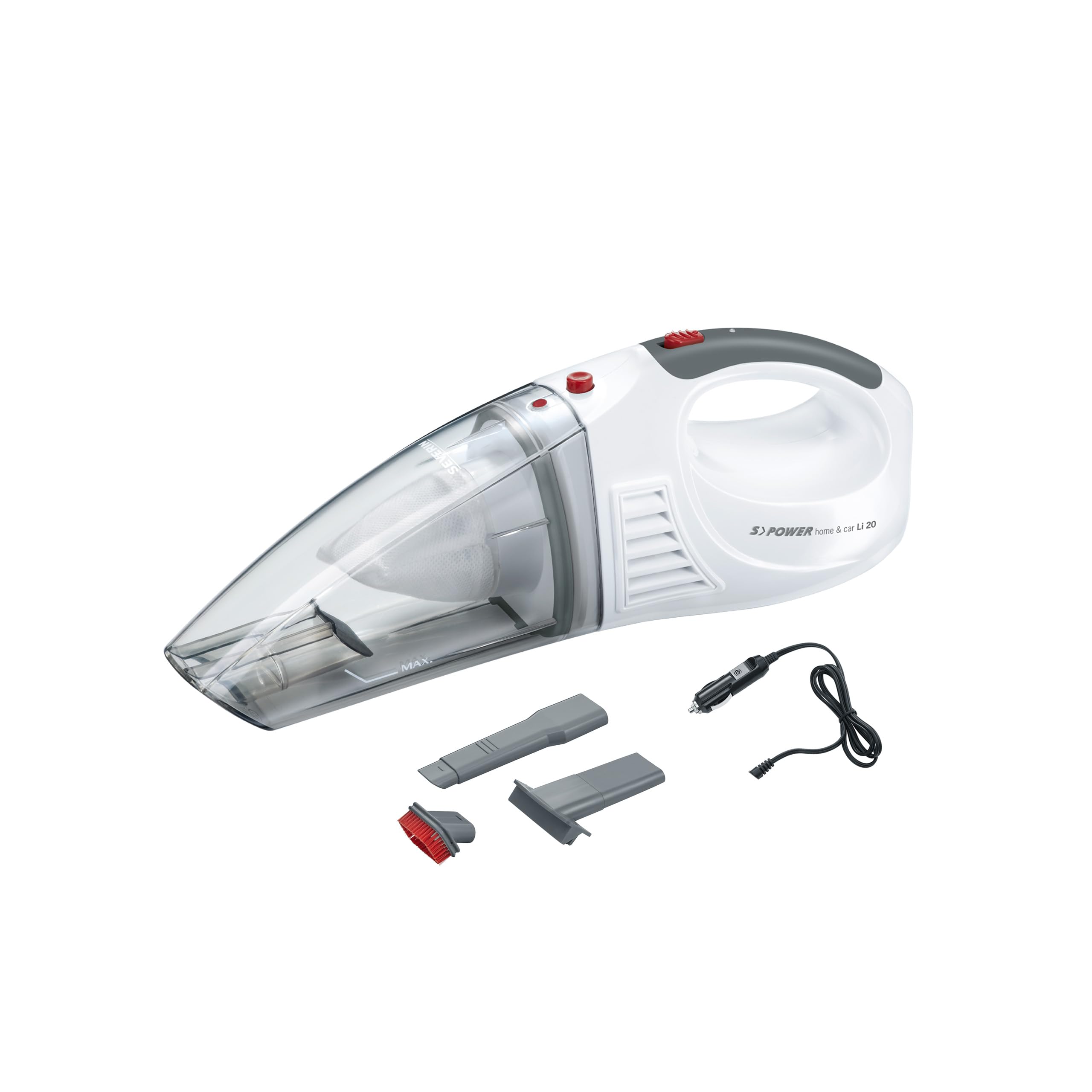 Aspirator de mână fără fir SEVERIN 3-în-1 S'POWER home & car, aspirator umed și uscat fără fir cu baterie Li-ion de 7,4V, aspirator auto inclusiv cablu de încărcare de 12V, alb/roșu, HV 7144