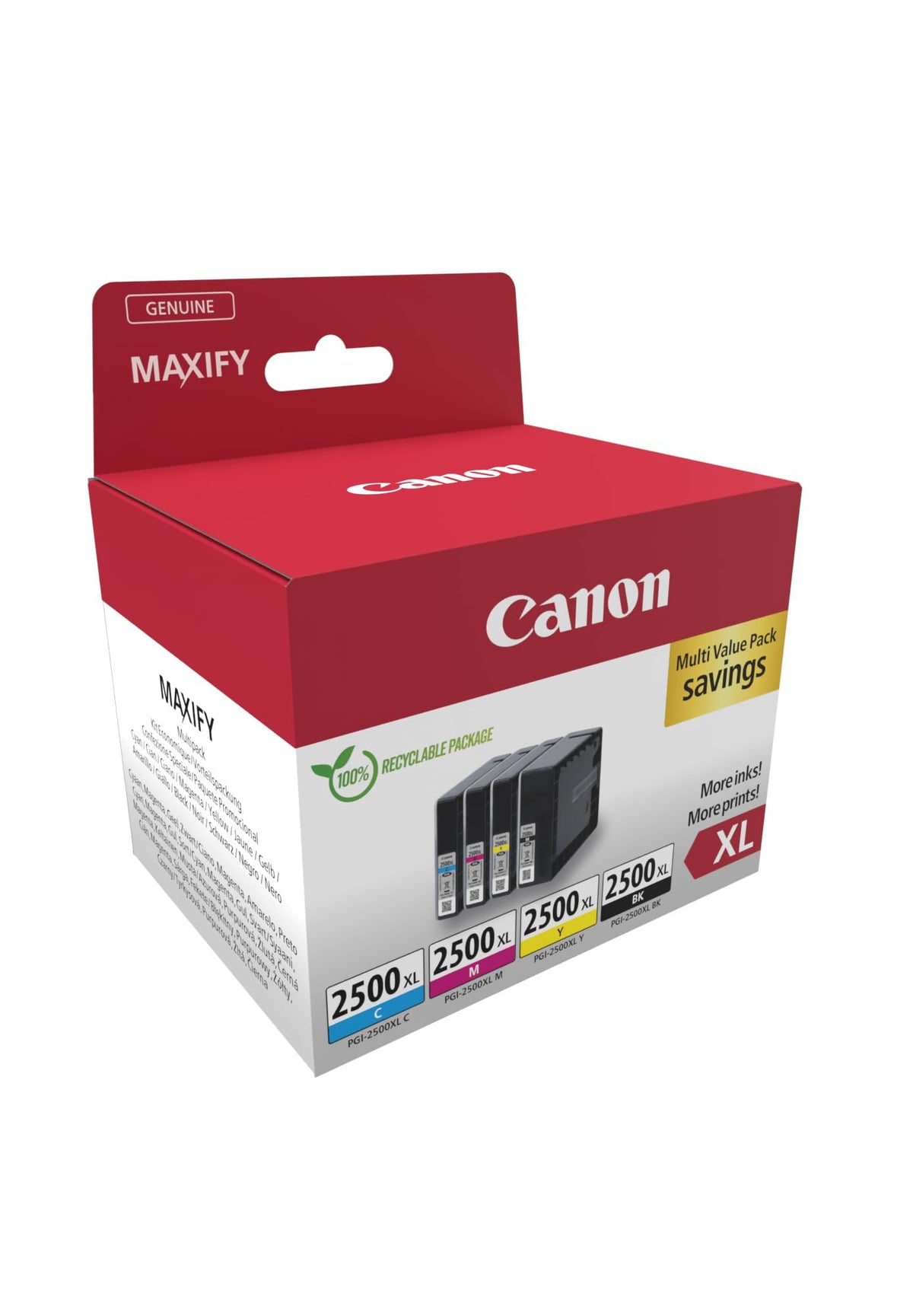 Canon PGI-2500 XL C M Y BK Advantage Pack 4 Ink Cartridges with larger capacity XL (Black, Cyan, Magenta, Yellow) Original [Recyclable cardboard packaging 2024] - 9254B010