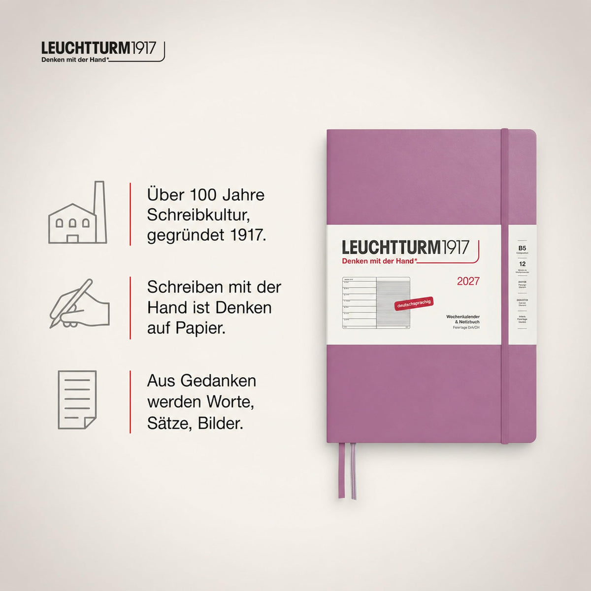 LEUCHTTURM1917 calendar săptămânal 2027 Compoziție (B5) cu caiet - planificator german de întâlniri, Dusty Rose, ianuarie-decembrie 2027, prezentare săptămânală în stânga + pagina de note în dreapta - 400039
