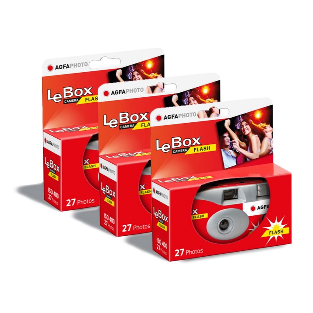 AGFA Photo 601020 LeBox Flash, disposable camera, 27 photos, optical lens 31 mm, gray and red, pack of 3 - 3760265545285