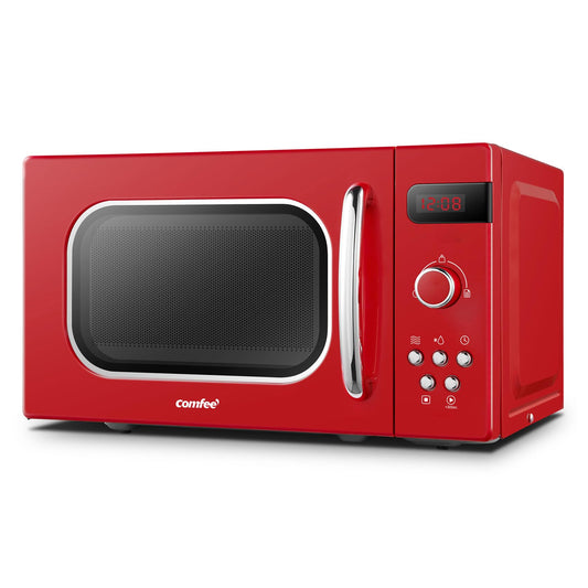 Comfee CMSRO 20 di rd retro microwave with 8 automatic menus, 5 power levels, pressure cooking button, 20 l, 800 W, passionate red