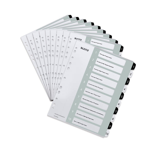 Leitz index for A4, pack of 10, PC-writable cover sheet and 10 dividers, tabs with numbers printed 1-10, extra width, white/black, polypropylene, WOW, 12150000 - 12150000-10