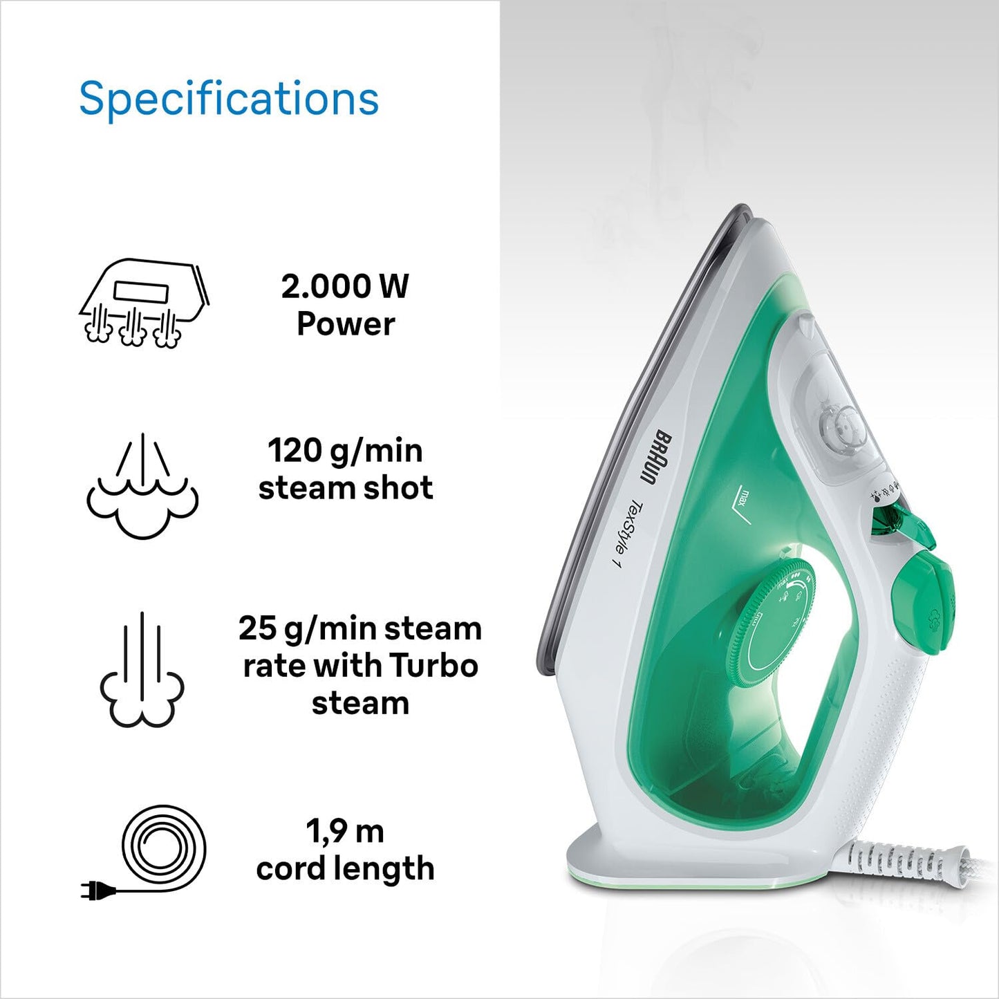 Braun TexStyle 1 steam iron SI 1040GR - iron with SuperCeramic soleplate, vertical steam, 2000 watts, green - SI1040GR