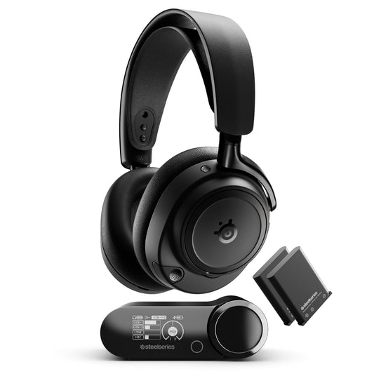SteelSeries Arctis Nova Elite - Căști de gaming wireless Hi-Res – 96 kHz/24 Bit – Carbonfaser – ANC – Reducerea zgomotului cu AI – Aplicație – 2,4 GHz + BT – Mixare multi-sursă – OmniPlay PC+PS+Xbox - Negru - 61661