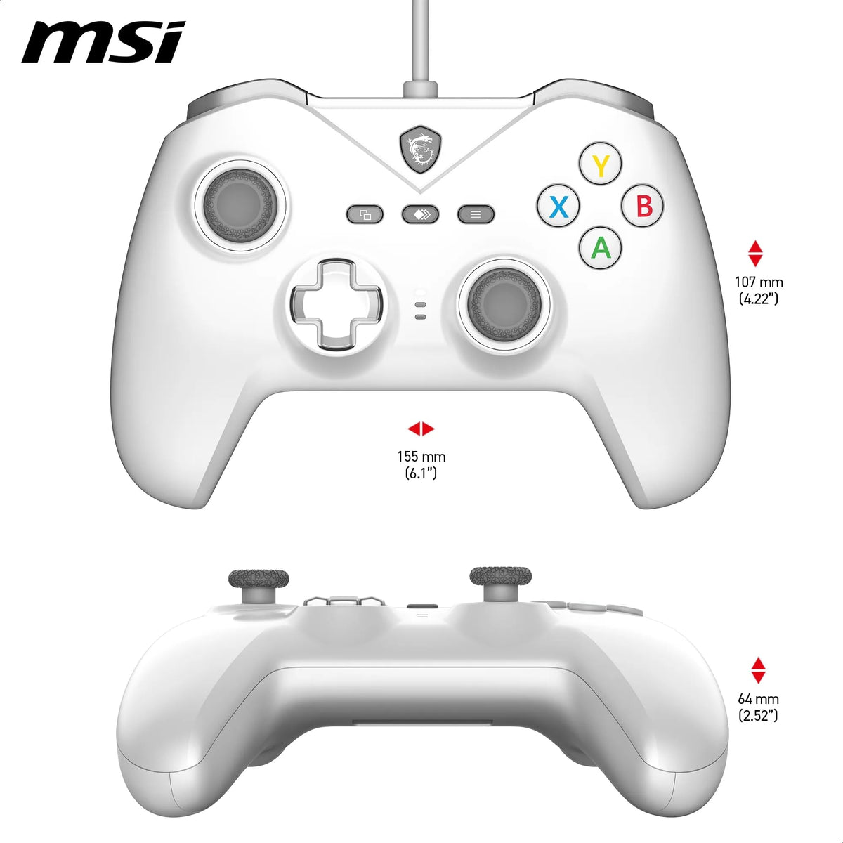 MSI Force GC200 White Controller pentru jocuri pe PC cu fir – Trigger cu efect Hall, stick-uri analogice avansate, motoare de vibrație duble, USB 3.0 – cu fir - S10-04G0120-EC4