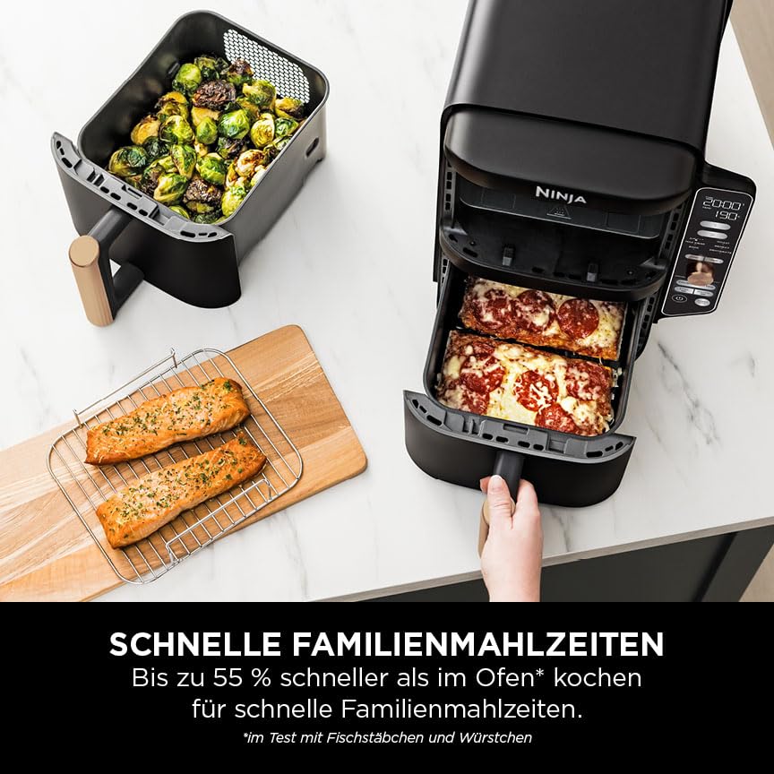Ninja Double Stack XL Air Fryer, 2 Vertical Drawers, 4 Cooking Levels, 2 Shelves, Space Saving Design, 9.5L Capacity, 6 Functions, 8 Servings, Tongs, Black/Copper SL400EUCP