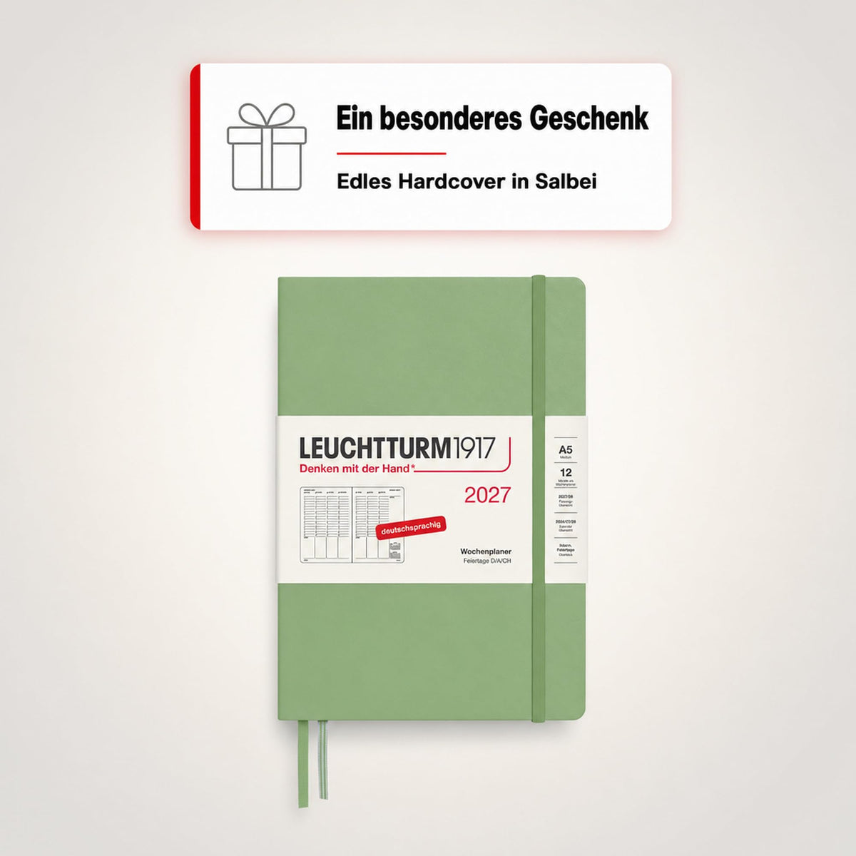 LEUCHTTURM1917 planificator săptămânal 2027 Medium (A5) - germană, salvie, 210 x 145 mm, ianuarie-decembrie (12 luni), prezentare generală săptămânală cu grilă orară 7:00-22:00 per coloană, copertă cartonată, hârtie de 80 g/m² - 400149