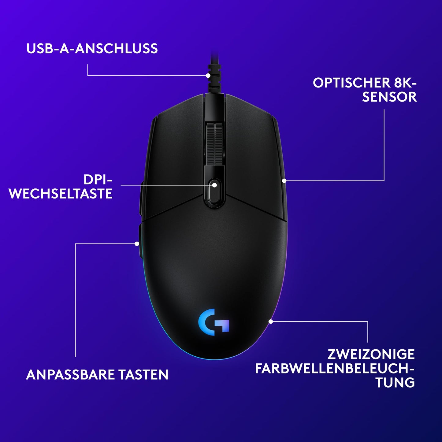 Logitech G203 gaming mouse with customizable LIGHTSYNC RGB lighting, 6 programmable buttons, gaming-ready sensor, 8,000 DPI tracking, light weight - black - 910-005796