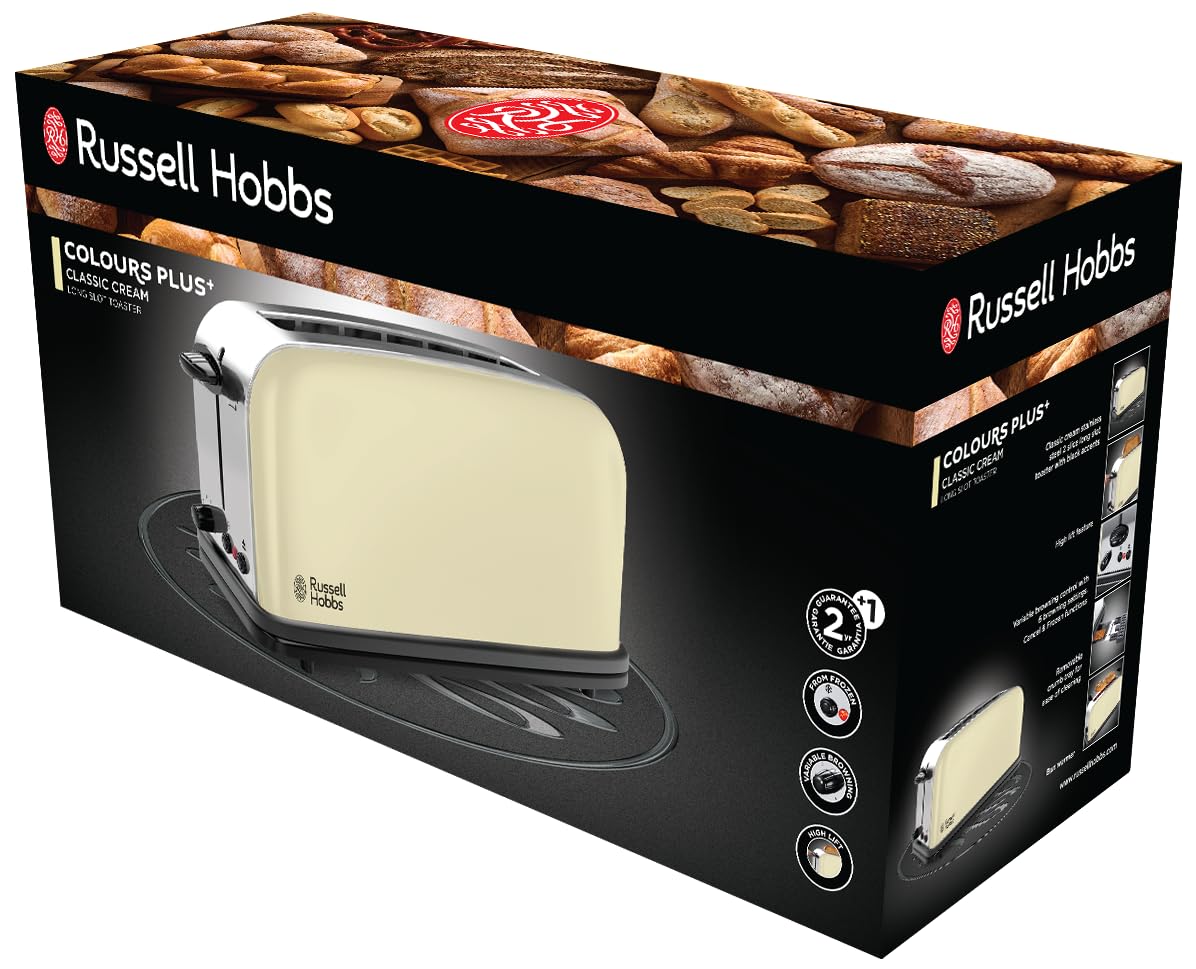Russell Hobbs Toaster Colours+, Stainless Steel, Cream, Long Slot, 1000 Watt - 21395-56