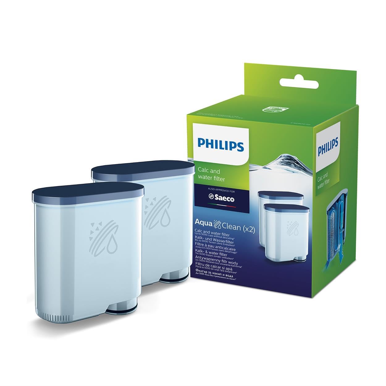Philips AquaClean filter, limescale protection, natural limescale removal, improved coffee taste, easy installation, up to 5,000 cups without descaling, Click&Go system, 2x filters in a set (CA6903/22)