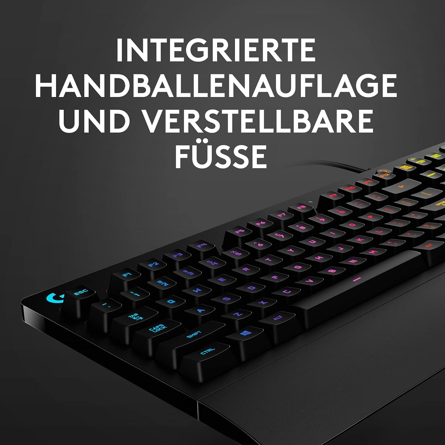 Logitech G213 Prodigy gaming keyboard, RGB lighting, programmable G-keys, multi-media controls, integrated wrist rest, splash-proof, German QWERTZ layout - black - 920-008087