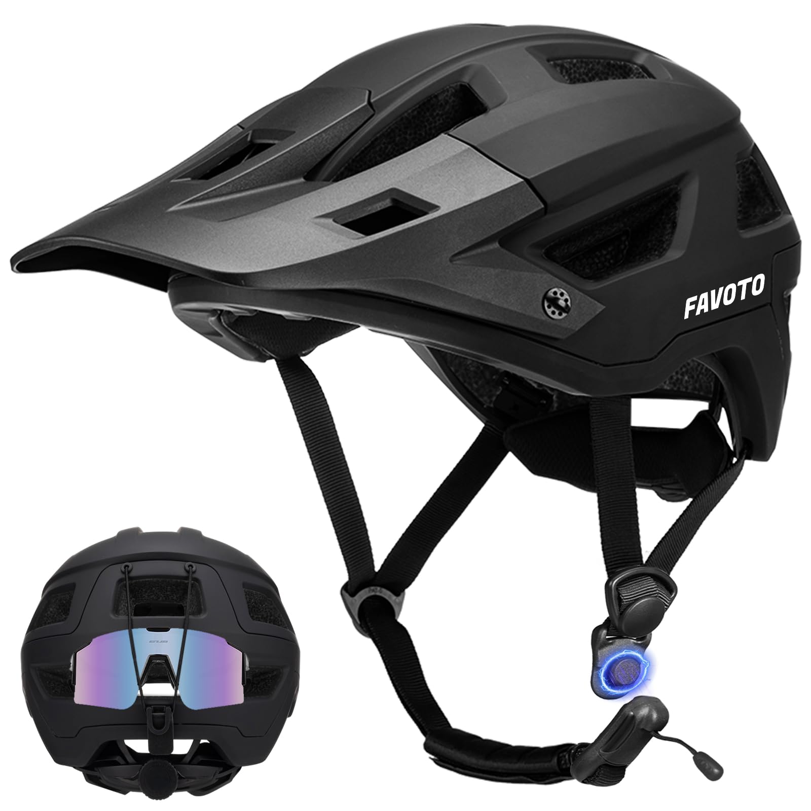 Favoto Mountain Bike Helmet with Peak Lightweight - Double Inmould Technology MTB Helmet for Women Men Road Bike Helmet Black Matt L (59-61cm) Adjustable Length - B025