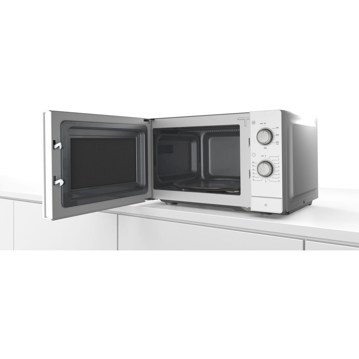 Bosch FFL020MW0 Serie 2 freestanding microwave, 26 x 44 cm, 800 W, turntable 27 cm, left door hinge, AutoPilot 7 with 7 automatic programs, cleaning assistance, LED touch display, white.