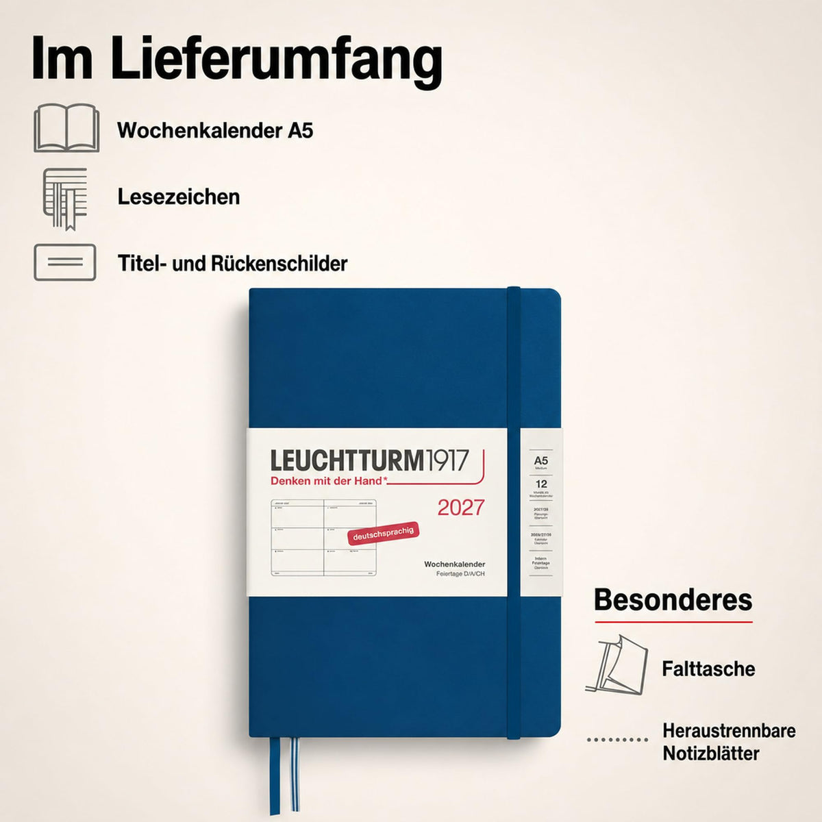 LEUCHTTURM1917 Calendar săptămânal 2027 Mediu (A5) - Germană, Indigo, Hardcover, 145 x 210 mm, 12 luni - ianuarie-decembrie 2027, 1 săptămână pe pagină dublă, hârtie de 80 g/m² cu compatibilitate ridicată cu cerneală - 400107