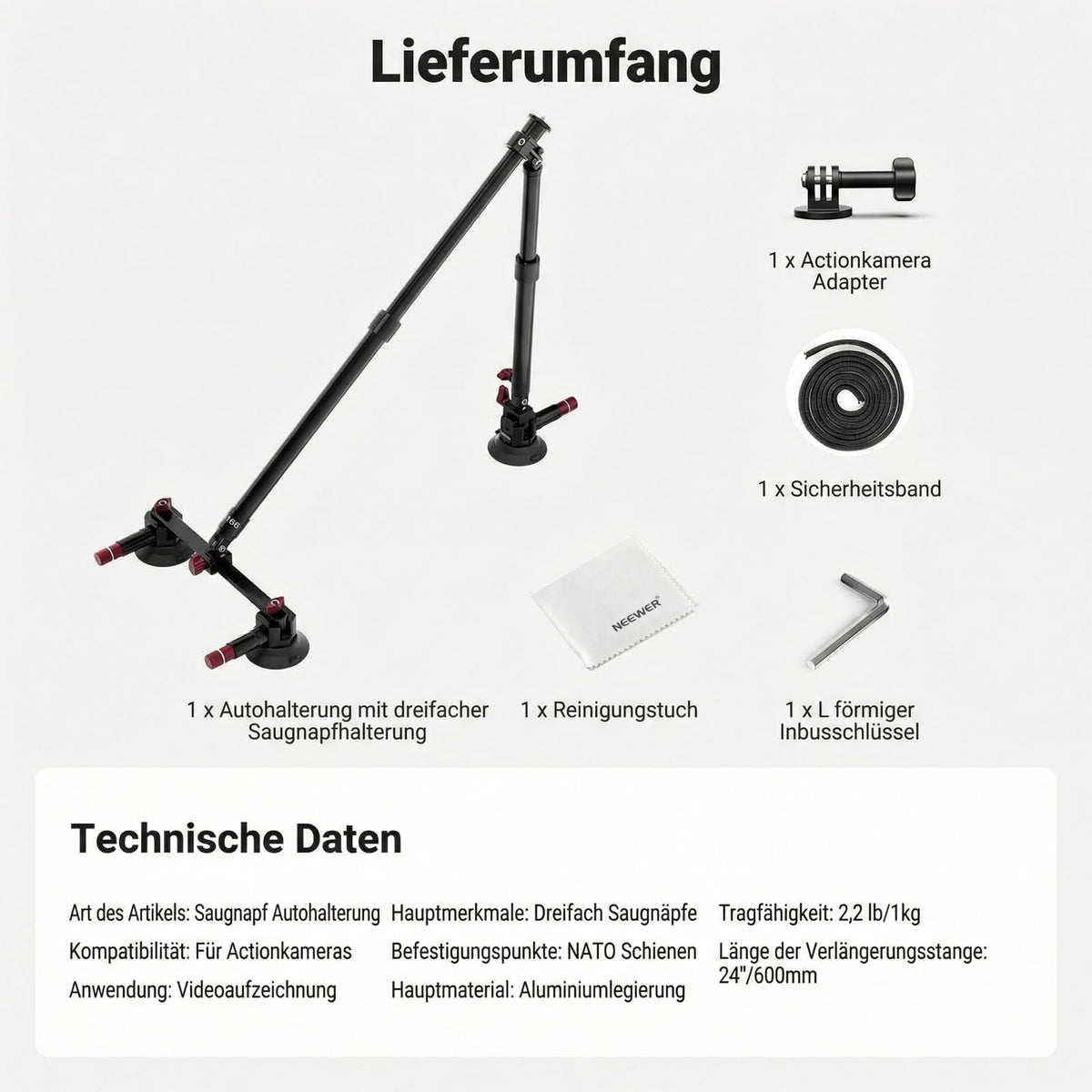 NEEWER Triple Suction Cup Mount Car Set, Two 24" Extension Rods Made of Aluminum Alloy, NATO Rail, Action Camera Adapter Compatible with GoPro DJI Insta 360, Max Load 2.2 lb, CA166